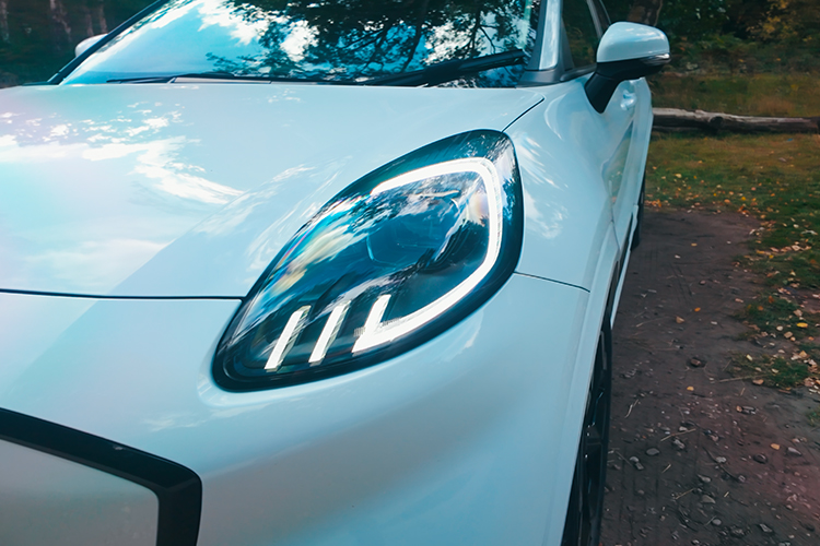  Close up of a White Ford Puma Gen-E's left LED headlight